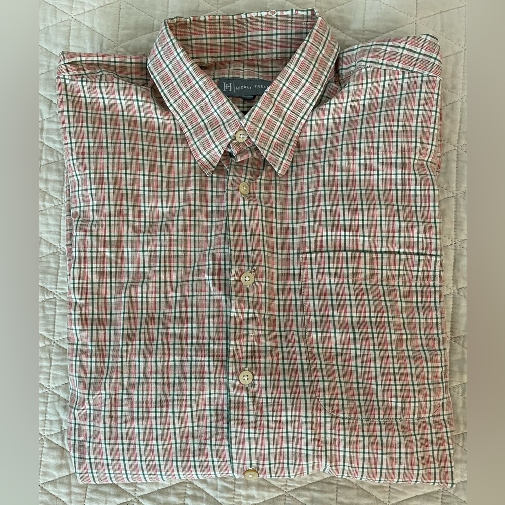 HICKEY FREEMAN Check Print Cotton Hidden Button Down Collar Sport Shirt Size L